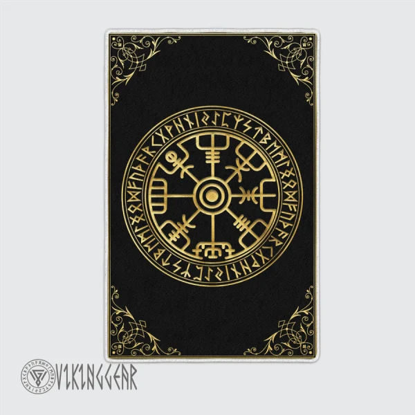 Gold Vegvisir and Rune Viking Area Rug