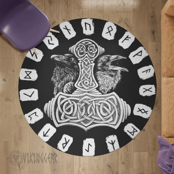 Hammer Raven And Rune - Viking Round Carpet