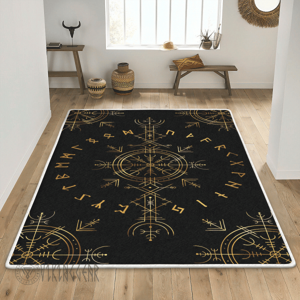 Norse Art Deco Vegvisir Gold Sign Viking Area Rug