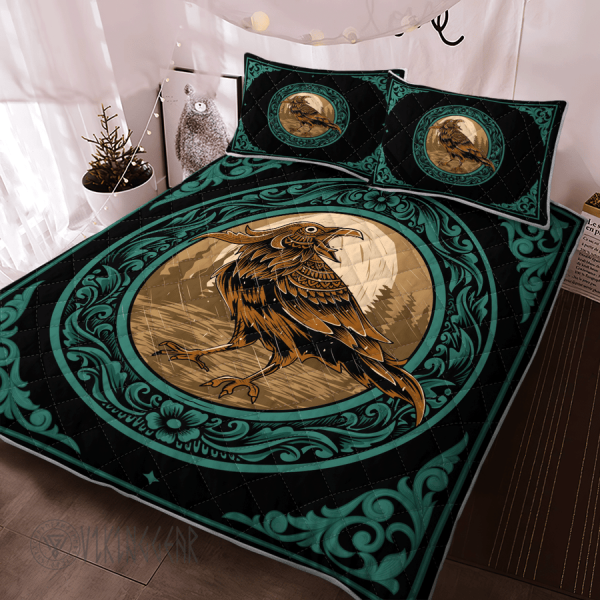 Norse Mythology Raven Vintage Viking Quilt Set