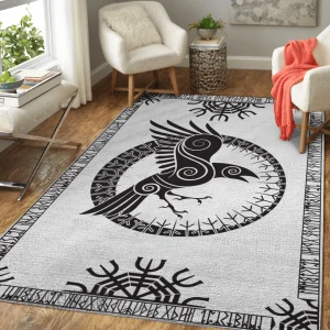 Raven And Rune Black Design On White Viking Area Rug