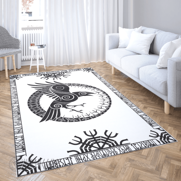 Raven And Rune Black Design On White Viking Area Rug