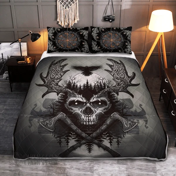 Raven And Skull Axe Viking Quilt Set