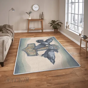 Raven And Thors Hammer Mjolnir Painting Viking Area Rug