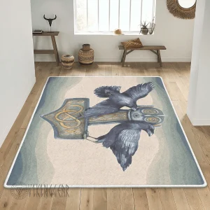 Raven And Thors Hammer Mjolnir Painting Viking Area Rug