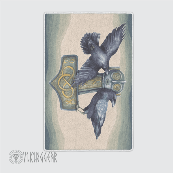 Raven And Thors Hammer Mjolnir Painting Viking Area Rug