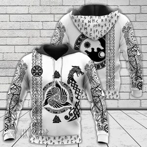 Raven And Wolf White Viking Hoodie