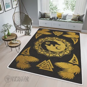 Raven And Ying Yan Wolves Gold Viking Area Rug