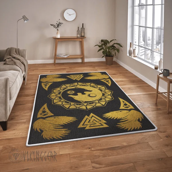 Raven And Ying Yan Wolves Gold Viking Area Rug