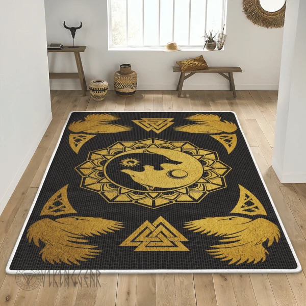 Raven And Ying Yan Wolves Gold Viking Area Rug