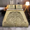 Raven Line Art In Pale Yellow Grunge Background Viking Quilt Set