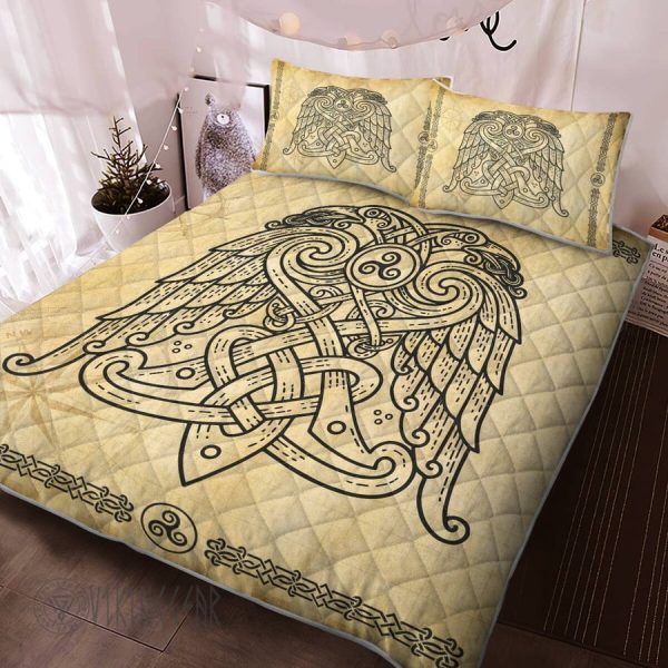 Raven Line Art In Pale Yellow Grunge Background Viking Quilt Set