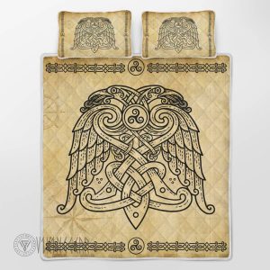 Raven Line Art In Pale Yellow Grunge Background Viking Quilt Set