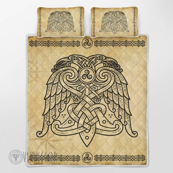 Raven Line Art In Pale Yellow Grunge Background Viking Quilt Set