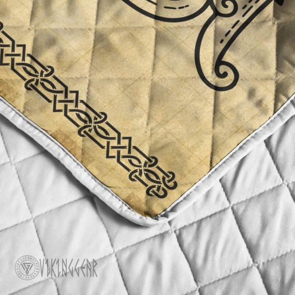 Raven Line Art In Pale Yellow Grunge Background Viking Quilt Set