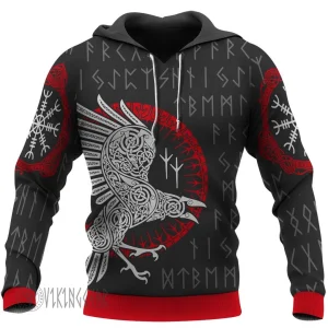 Raven Line Art With Rune Viking Hoodie