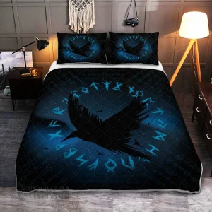 Raven Silhouette And Rune Viking Quilt Set