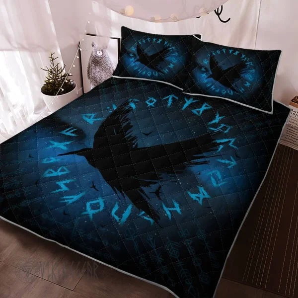 Raven Silhouette And Rune Viking Quilt Set