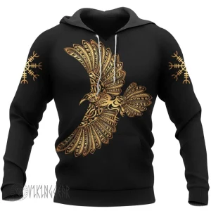 Raven The Helm of Awe Viking Hoodie Golden Design