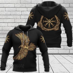 Raven The Helm of Awe Viking Hoodie Golden Design