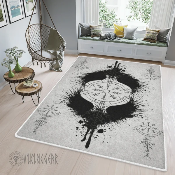 Raven Vegvisir Black Design Viking Area Rug