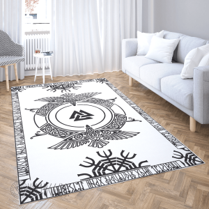 Raven and Runic Black Design On White Viking Area Rug