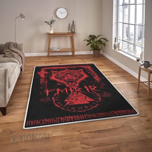 Rune And Fenrir Red Design Viking Area Rug