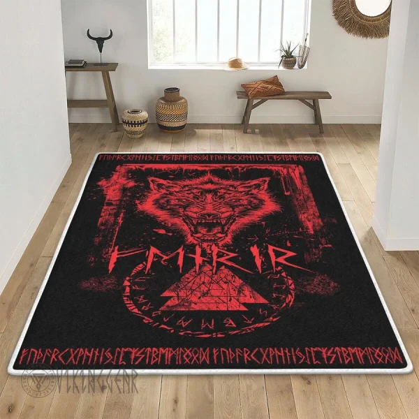 Rune And Fenrir Red Design Viking Area Rug