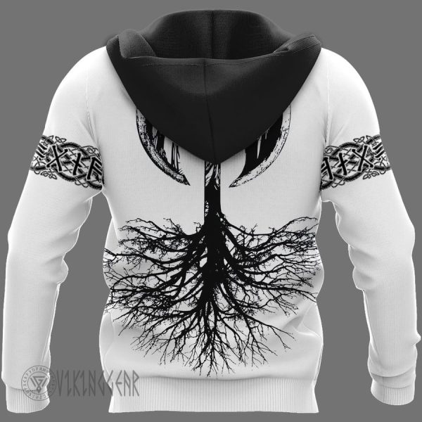 Skull And Axe Tree Of Life Black Design On White Viking Hoodie