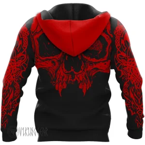 Skull Triple Horn Of Odin Viking Hoodie Red Design