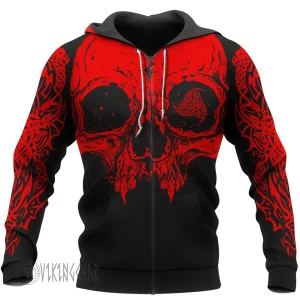 Skull Triple Horn Of Odin Viking Hoodie Red Design