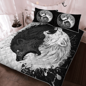 Splatter Painting Yinyang Skoll and Hati Viking Quilt Set