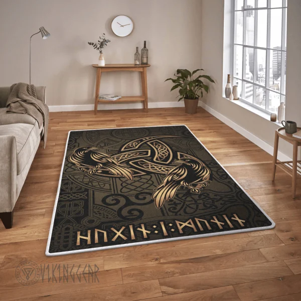 The Triple Horn of Odin Hugin and Munin Viking Area Rug