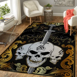 The Ulfberht sword embedded in the skulls Viking Area Rug