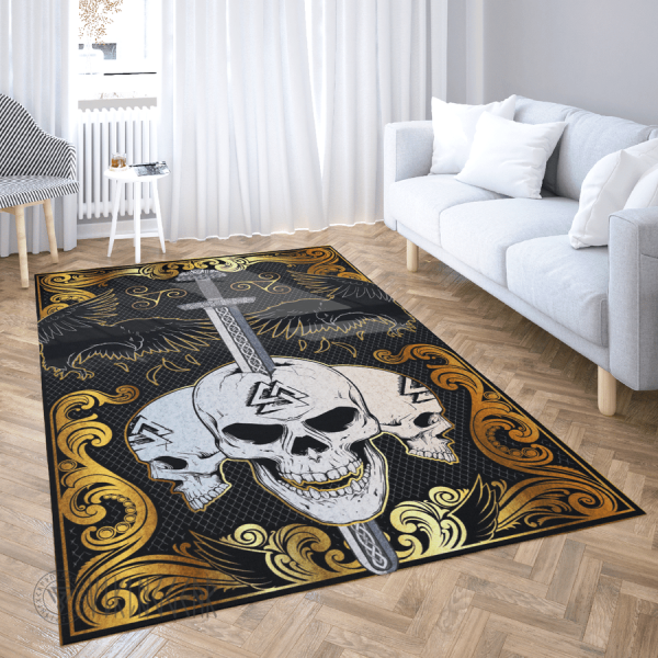 The Ulfberht sword embedded in the skulls Viking Area Rug