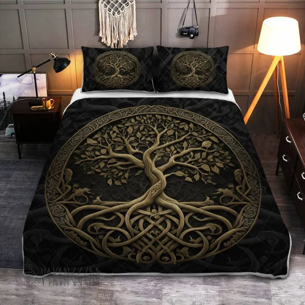 The tree of Life Yggdrasil Celtic ornament in a circle Viking Quilt Set