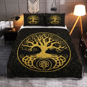 Tree Of Life Yggdrasil Golden Viking Quilt Set