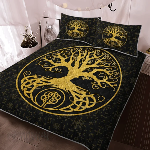 Tree Of Life Yggdrasil Golden Viking Quilt Set