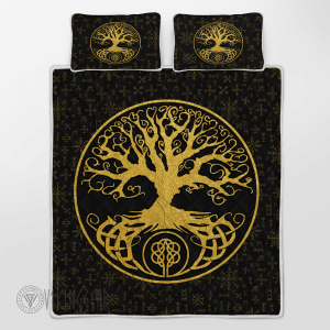 Tree Of Life Yggdrasil Golden Viking Quilt Set