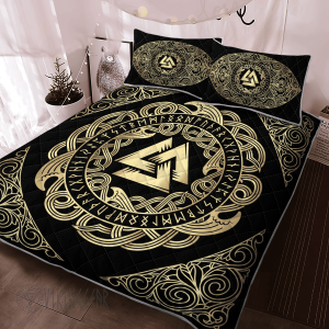 Valknut In Nordic Pattern Golden Color Design Viking Quilt Set