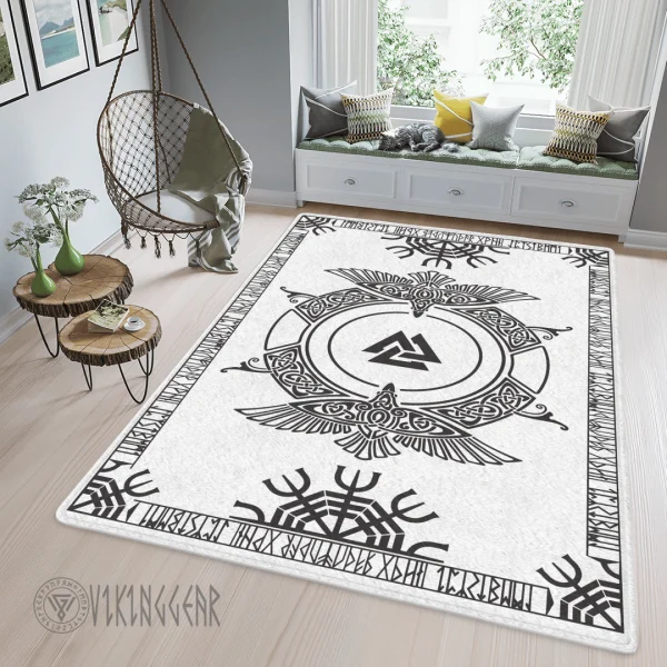 Valknut Symbol And Raven White Viking Area Rug