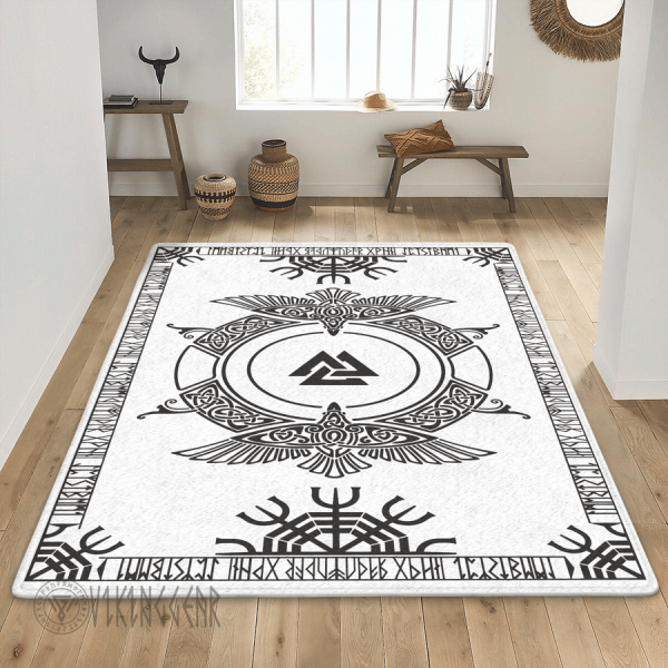 Valknut Symbol And Raven White Viking Area Rug