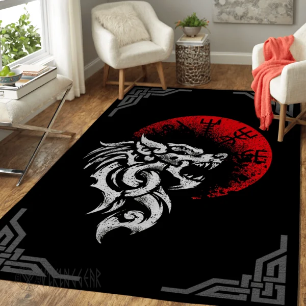 Vegvisir Red Moon And Fenrir Wolf Head Viking Area Rug