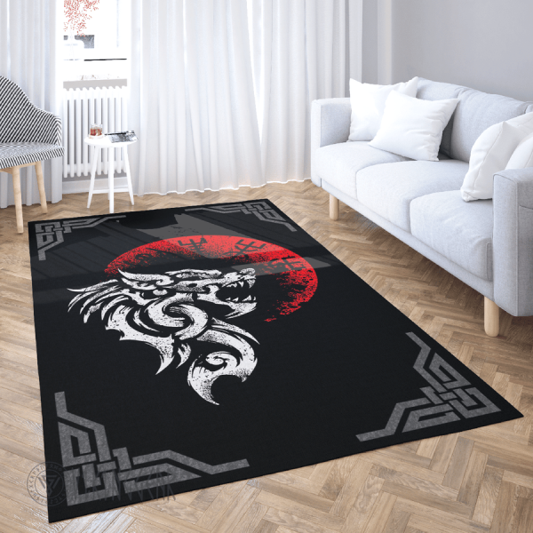 Vegvisir Red Moon And Fenrir Wolf Head Viking Area Rug