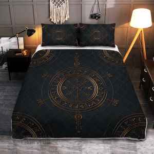 Vegvisir Symbol Golden Color Viking Quilt Set