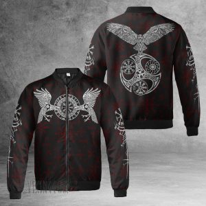 Viking Bomber Jacket Ravens Of Odin And Old Norse Symbols