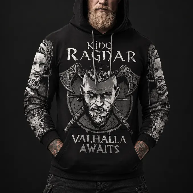 Viking Hoodies–King Ragnar–Valhalla Awaits Legendary Art
