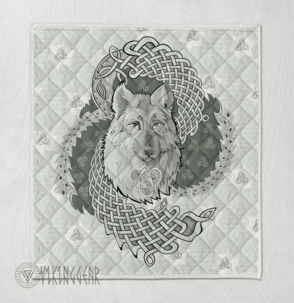 Viking Wolf in Valknut and Horns of Odin - Viking Quilt