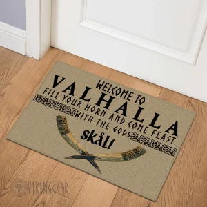 Welcome To Valhalla Fill Your Horn and Come Feast With The Gods Skal Doormat | Viking Doormat