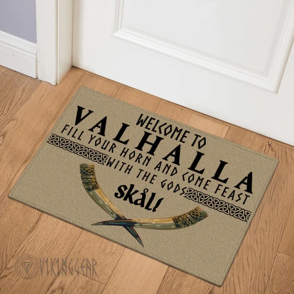 Welcome To Valhalla Fill Your Horn and Come Feast With The Gods Skal Doormat | Viking Doormat